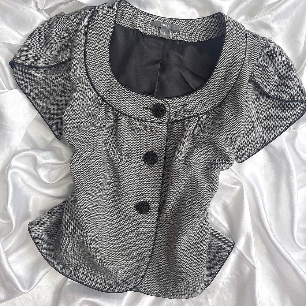 Apt 9 Womens Herringbone Short Sleeve Blazer Top Black White Beaded Button Small